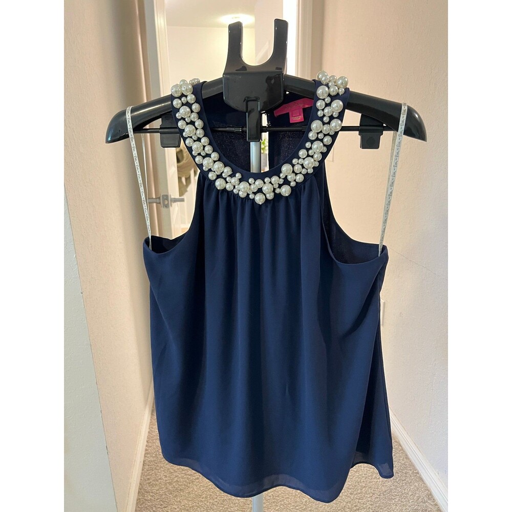 Lilly Pulitzer Shawn Navy Blue Pearl Collar High Neckline Blouse Women’s Large